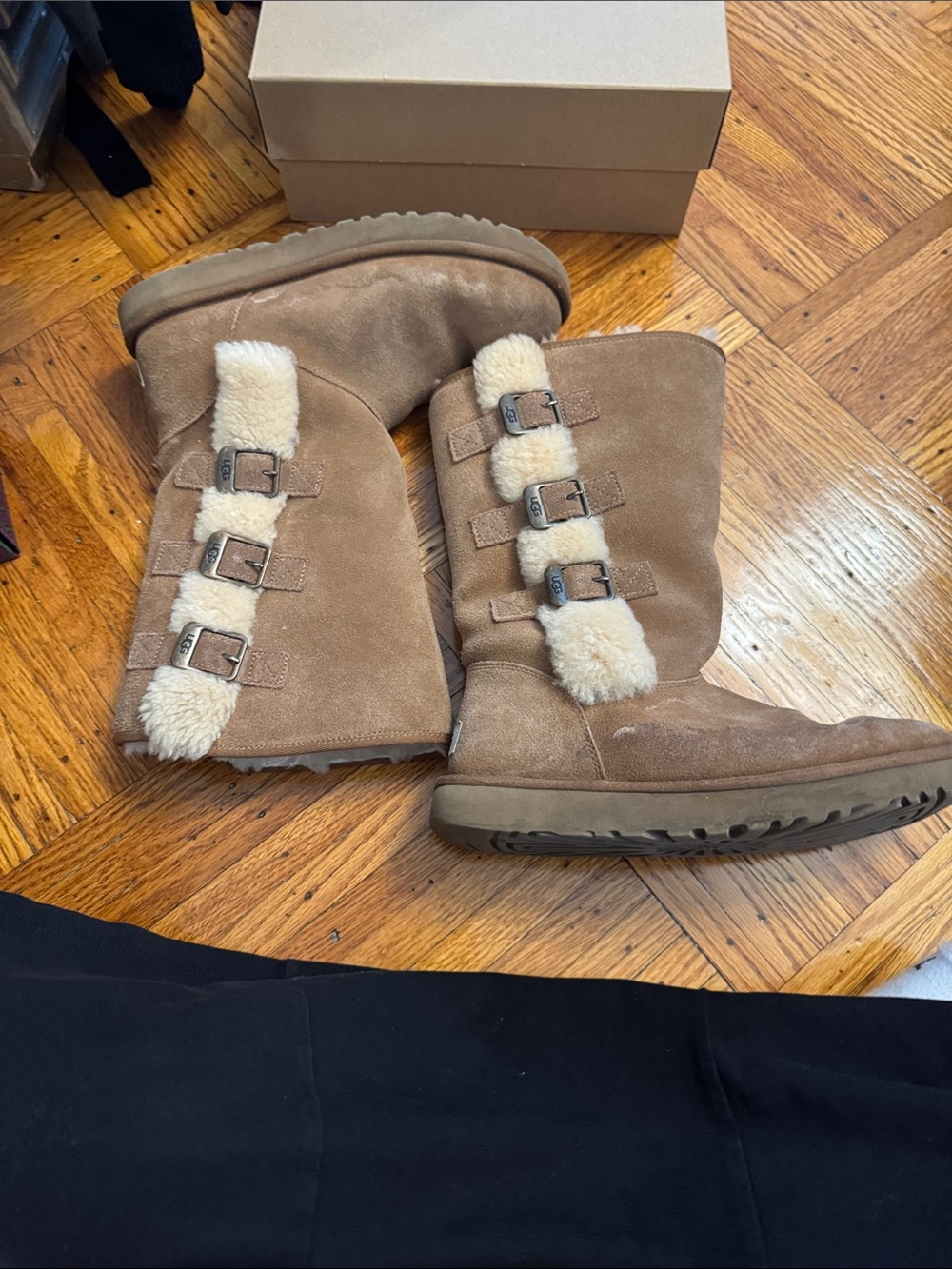 UGG Tan Suede Over-the-Knee Buckle Boots with Shearling Trim